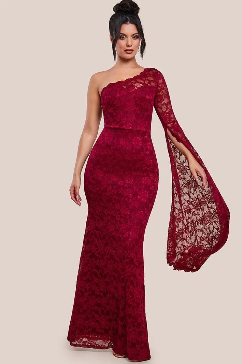 One Shoulder Scalloped Neck Maxi Dress - Wine by Goddiva