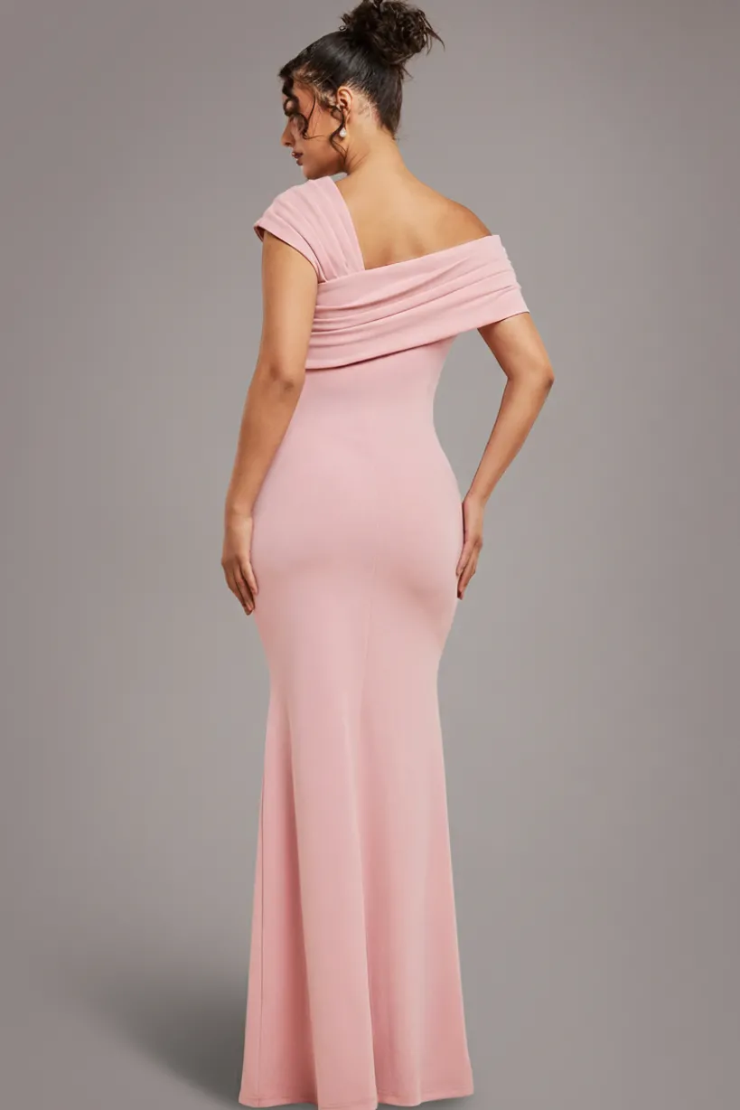 One Shoulder Scuba Crepe Evening Maxi Dress - Blush Pink by Goddiva