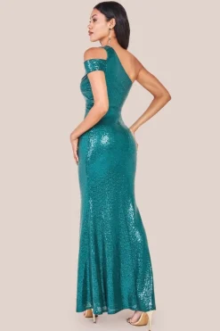 One Shoulder Sequin Evening Maxi - Emerald Green by Goddiva
