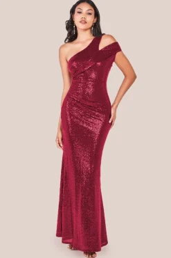 One Shoulder Sequin Evening Maxi - Wine by Goddiva