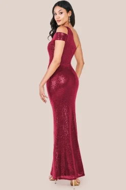 One Shoulder Sequin Evening Maxi - Wine by Goddiva
