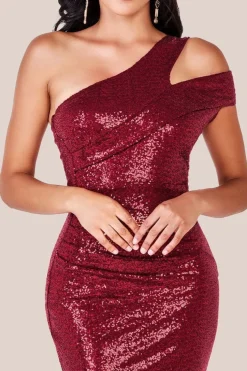 One Shoulder Sequin Evening Maxi - Wine by Goddiva