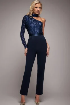 One Shoulder Sequin Jumpsuit - Navy by Goddiva