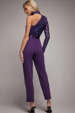 One Shoulder Sequin Jumpsuit - Purple by Goddiva