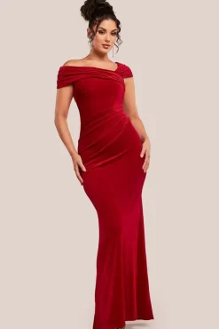 One Shoulder Velvet Maxi Dress - Red by Goddiva