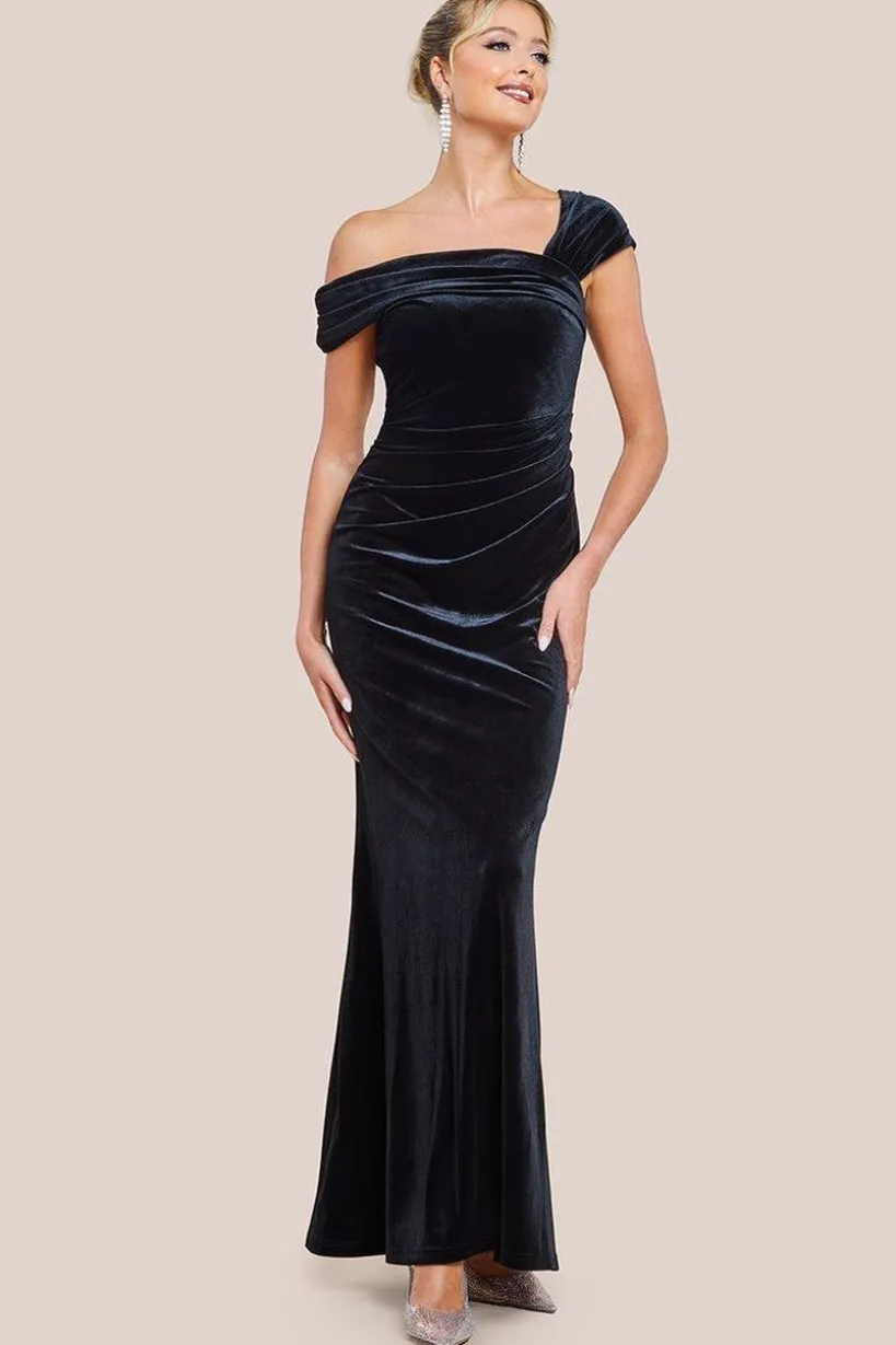One Shoulder Velvet Maxi Dress - Black by Goddiva
