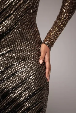 One Sleeve Diagonal Sequin Midi - Gold by Goddiva