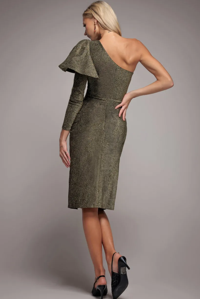One Sleeve Frill Lurex Midi Dress - Gold by Goddiva