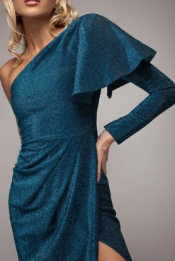 One Sleeve Frill Lurex Midi Dress - Blue by Goddiva
