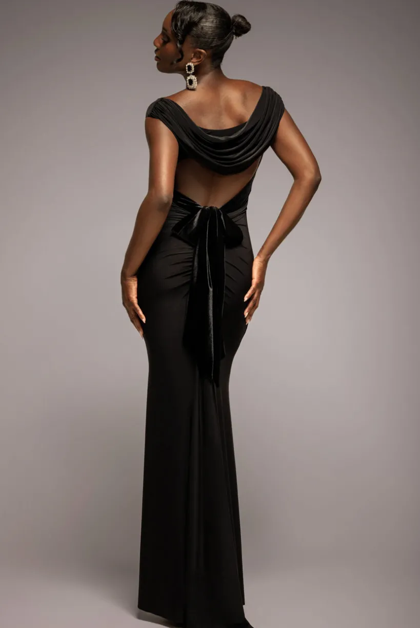 Open Back Cowl Neck Gathered Maxi Dress With Velvet Tie Back - Black by Goddiva