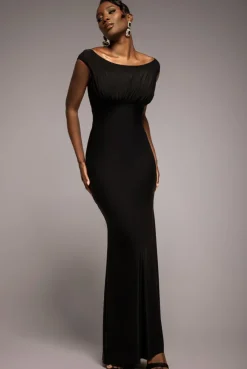 Open Back Cowl Neck Gathered Maxi Dress With Velvet Tie Back - Black by Goddiva