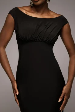 Open Back Cowl Neck Gathered Maxi Dress With Velvet Tie Back - Black by Goddiva
