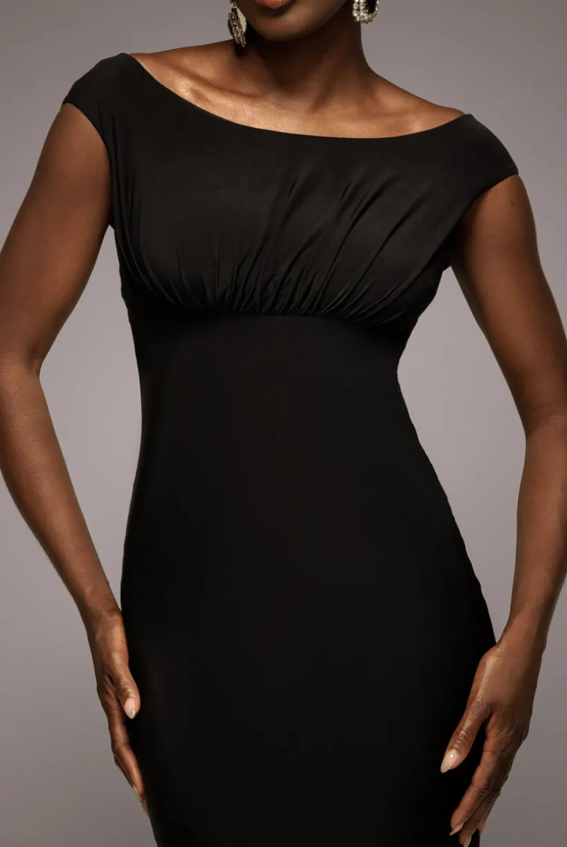 Open Back Cowl Neck Gathered Maxi Dress With Velvet Tie Back - Black by Goddiva