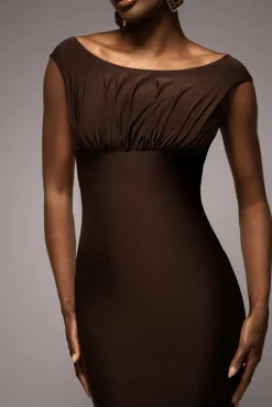 Open Back Cowl Neck Gathered Maxi Dress With Velvet Tie Back - Brown by Goddiva