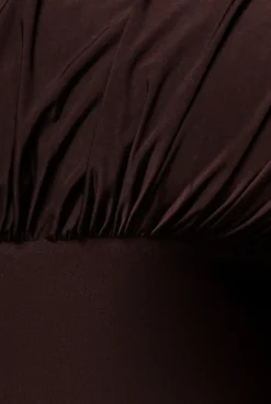 Open Back Cowl Neck Gathered Maxi Dress With Velvet Tie Back - Brown by Goddiva