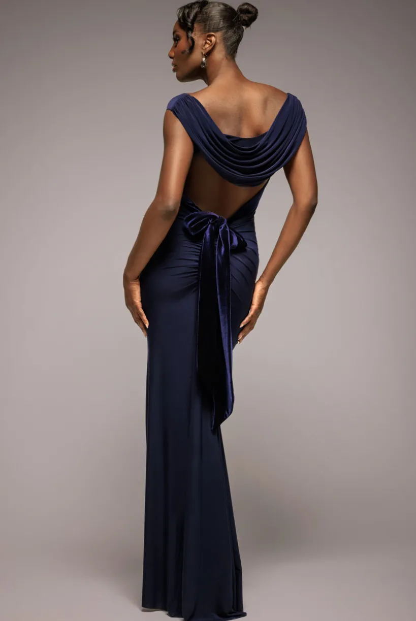 Open Back Cowl Neck Gathered Maxi Dress With Velvet Tie Back - Navy Blue by Goddiva