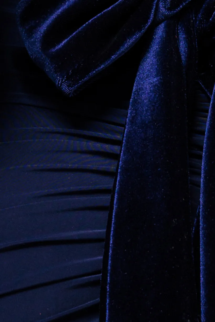 Open Back Cowl Neck Gathered Maxi Dress With Velvet Tie Back - Navy Blue by Goddiva
