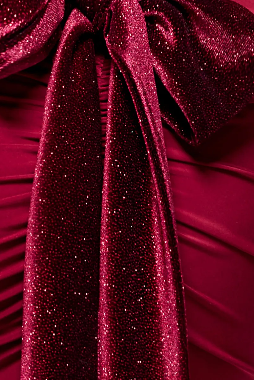Open Back Cowl Neck Gathered Maxi Dress With Velvet Tie Back - Wine by Goddiva