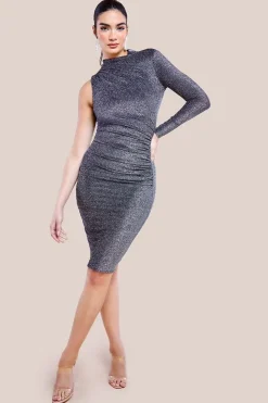 Open Back One Sleeve Lurex Midi - Silver by Goddiva