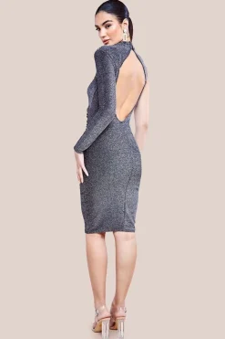 Open Back One Sleeve Lurex Midi - Silver by Goddiva