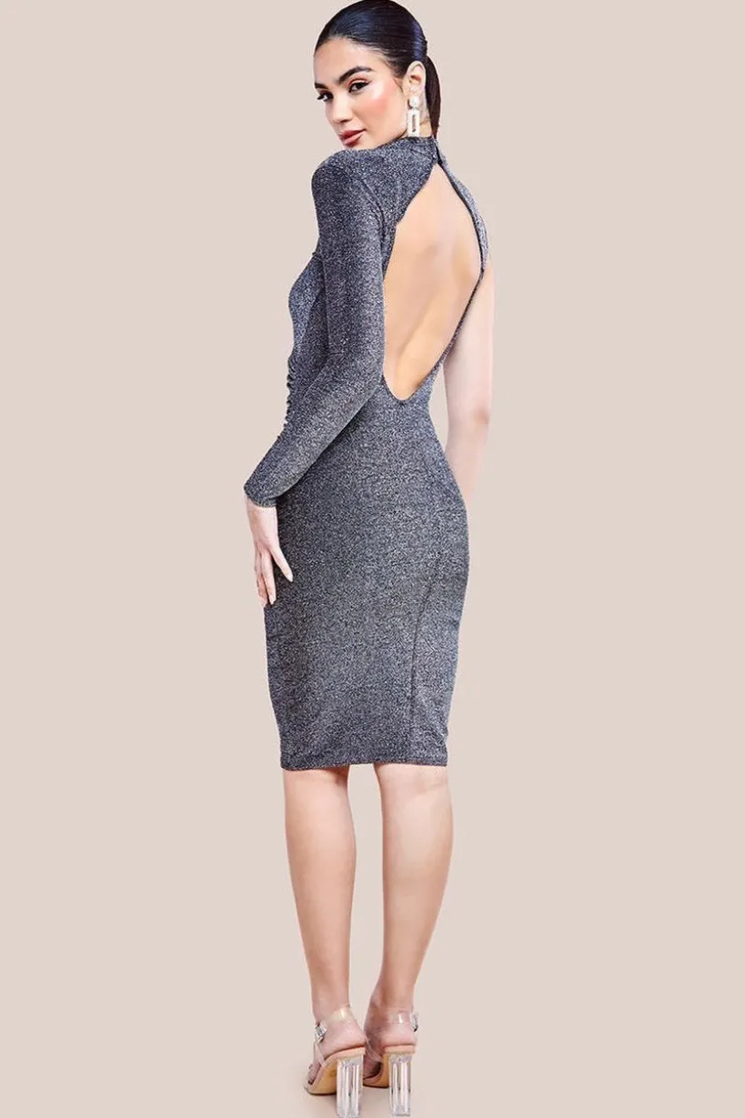 Open Back One Sleeve Lurex Midi - Silver by Goddiva