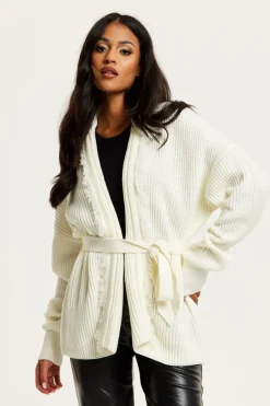 Open Front Cream Cardigan With Fringe Details by Liquorish