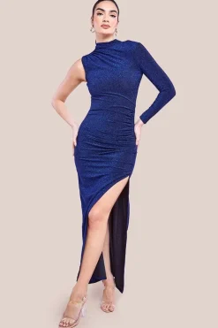 Open Lurex Back One Sleeve Maxi Dress - Royal Blue by Goddiva