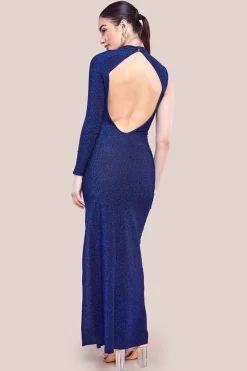 Open Lurex Back One Sleeve Maxi Dress - Royal Blue by Goddiva