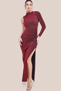 Open Lurex Back One Sleeve Maxi Dress - Red by Goddiva