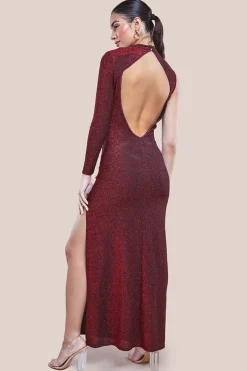 Open Lurex Back One Sleeve Maxi Dress - Red by Goddiva
