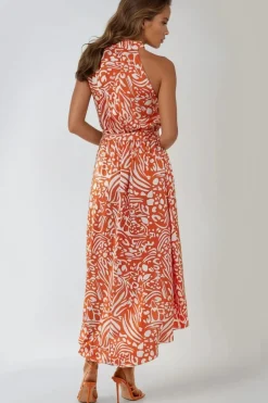 Orange Floral Halterneck Wrap Midi Dress by Aftershock London