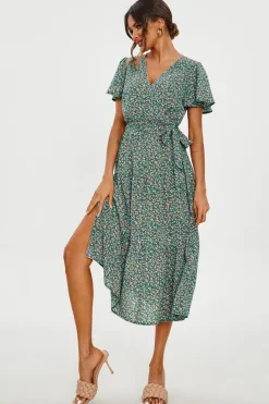 Orange Floral Print Hem Tiered Wrap Midi Dress In Green by FS Collection
