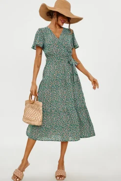 Orange Floral Print Hem Tiered Wrap Midi Dress In Green by FS Collection
