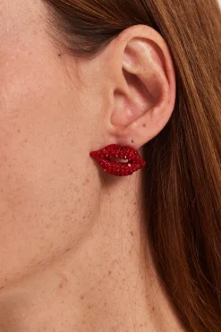 Pair Of Lips Stud Earrings With Rhinestone Embellishment In Red by Liquorish