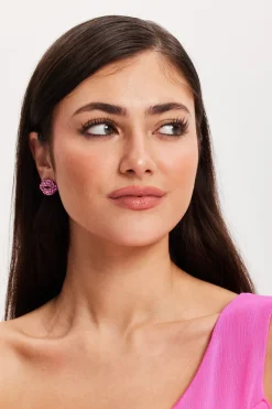 Pair Of Lips Stud Earrings With Rhinestone Embellishment In Pink by Liquorish