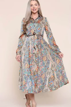Paisley Maxi Dress Long Sleeve In Green by LOVE SUNSHINE