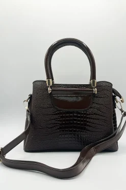 Patent Croc Top Handle Bag In Brown by SVNX