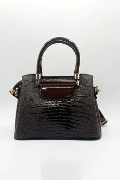 Patent Croc Top Handle Bag In Brown by SVNX