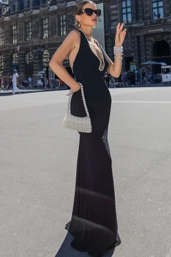 Pearl & Scuba Halter Neck Maxi Dress - Black by Goddiva