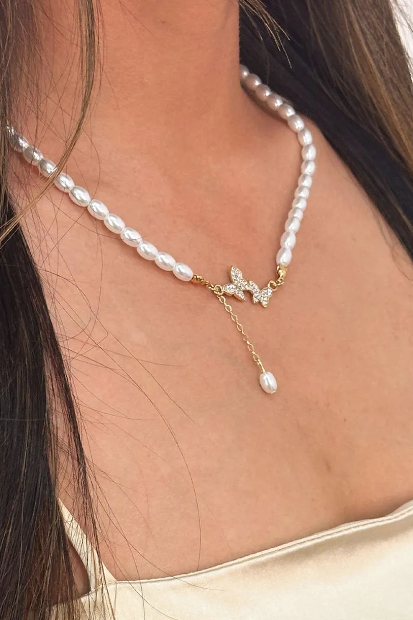 Pearl Chain Necklace With Butterfly Pendant - Gift Boxed by SVNX
