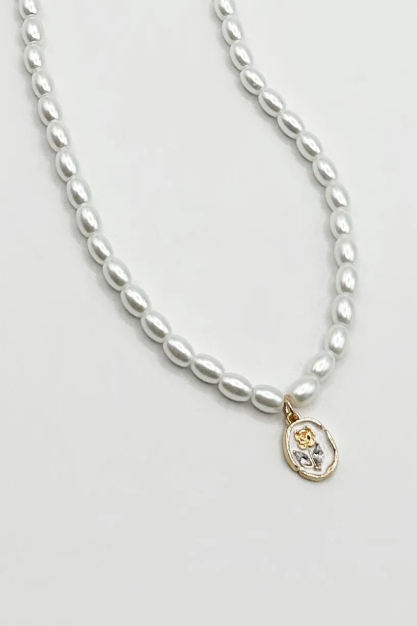 Pearl Chain Necklace With Gold Flower Pendant - Gift Boxed by SVNX