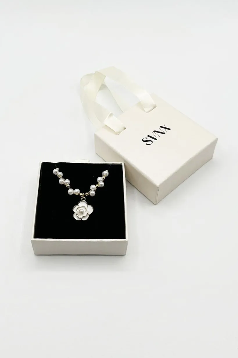 Pearl Chain Necklace With Camellia Pendant - Gift Boxed by SVNX