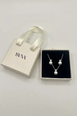 Pearl Diamante Earrings & Necklace Set In Silver by SVNX