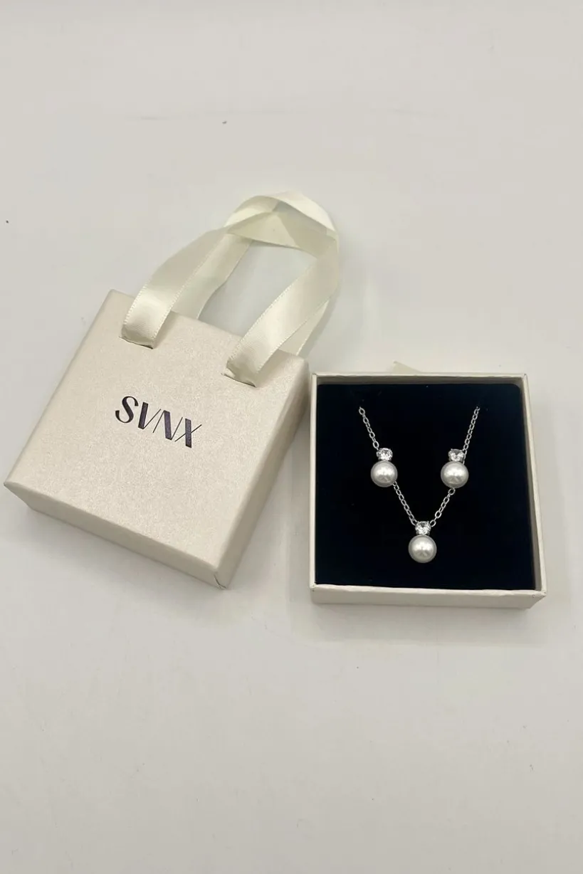 Pearl Diamante Earrings & Necklace Set In Silver by SVNX