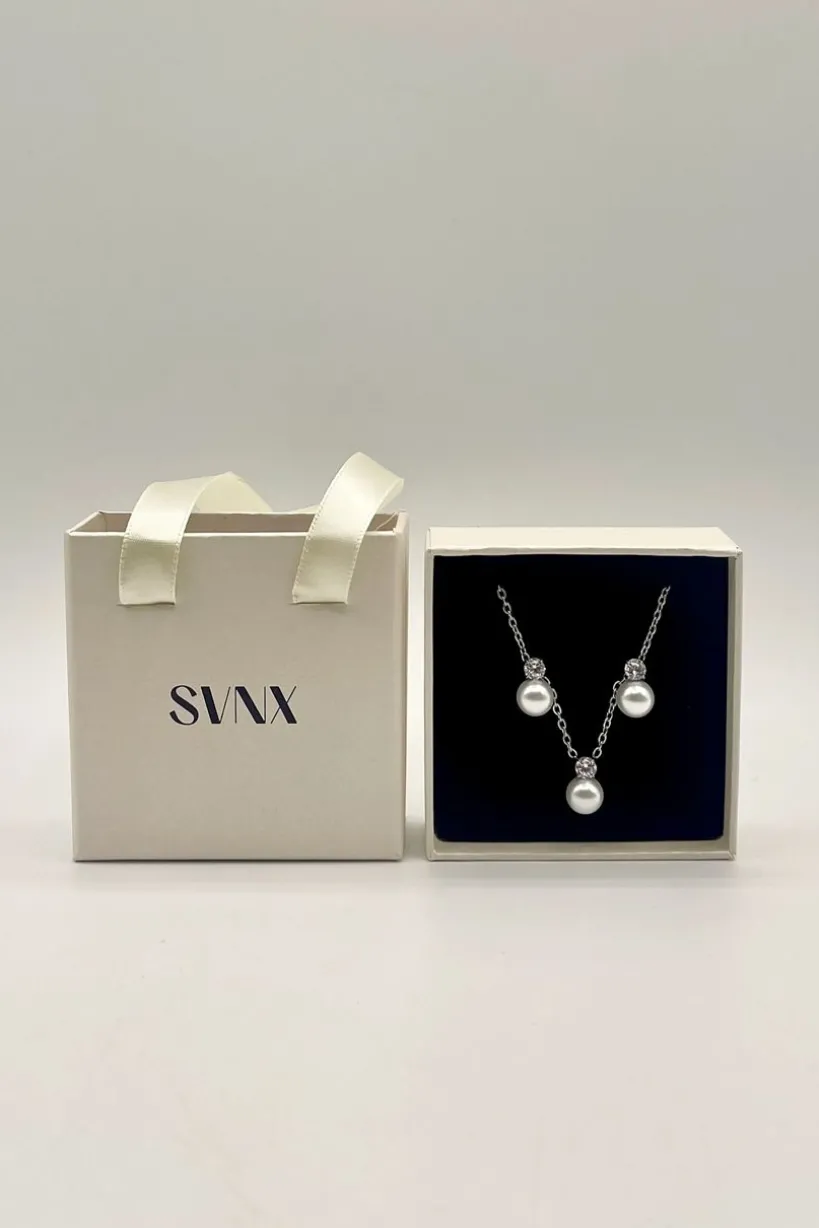Pearl Diamante Earrings & Necklace Set In Silver by SVNX