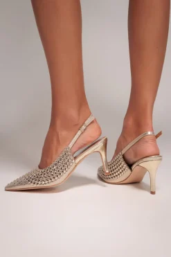 Pearl Embellished Slingback Heeled Court Shoes - Gold by Goddiva