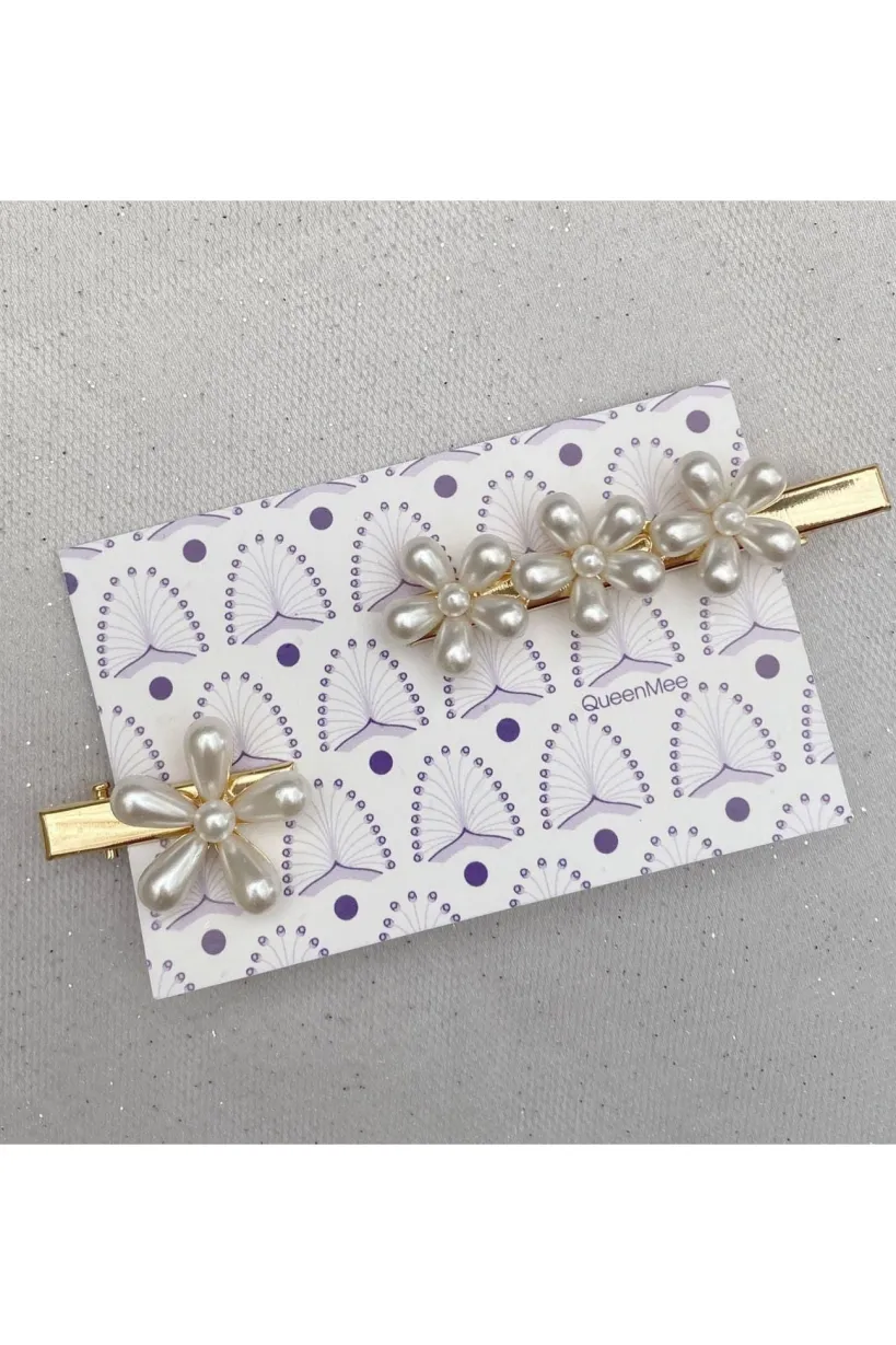 Pearl Hair Grips Flower Hair Clips Gold Crocodile Hair Clips Set Of 2 by QueenMee Accessories
