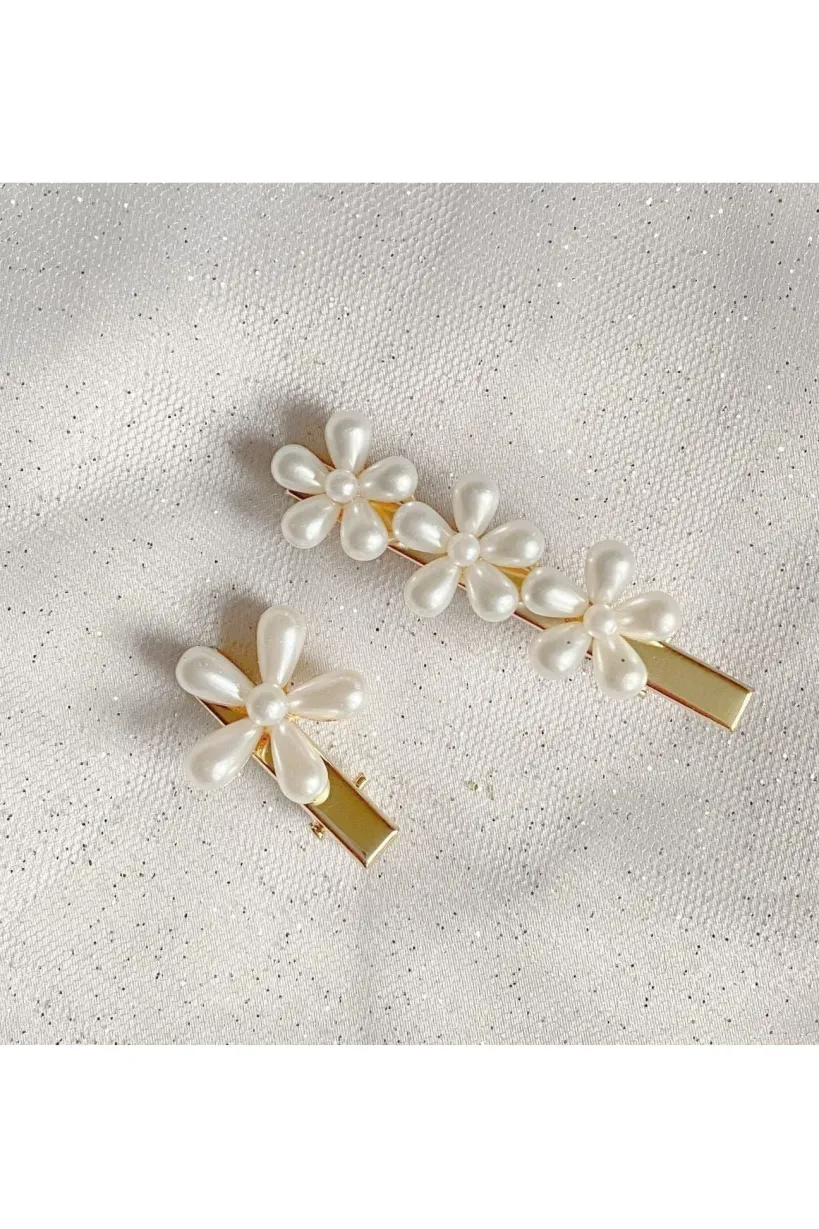 Pearl Hair Grips Flower Hair Clips Gold Crocodile Hair Clips Set Of 2 by QueenMee Accessories