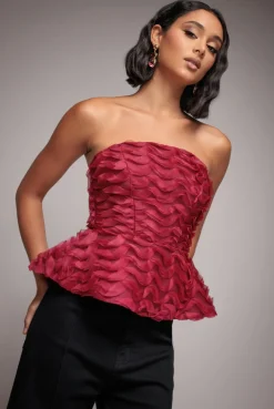 Peplum 3D Textured Boob Tube Lace Up Corset - Burgundy by Goddiva