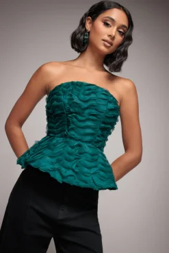 Peplum 3D Textured Boob Tube Lace Up Corset - Emerald Green by Goddiva